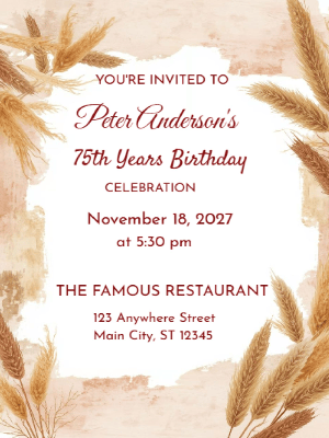 Rustic Minimalist Brown, Wheat Theme 75th Birthday Invitation customizable template