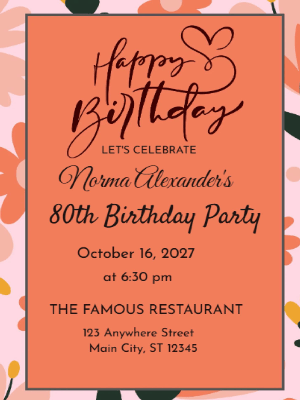 Elegant Black Orange Floral 80th Birthday Invitation customizable template