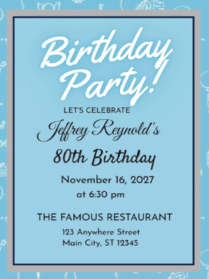 Fun Blue White Minimalist 80th Birthday Invitation customizable template