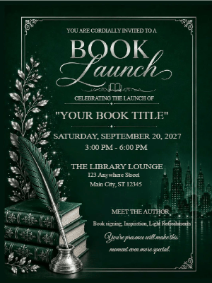 Elegant Book Launch Party Invitation Green Silver Book Launch Party