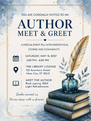 Elegant Book Meet & Greet Invitation Blue Gold Meet & Greet Party