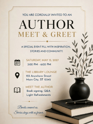 Elegant Book Meet & Greet Invitation Blue Gold Meet & Greet Party