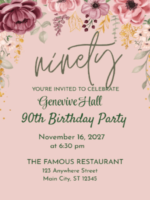 Elegant Modern Pink Floral 90th Birthday Invitation customizable template