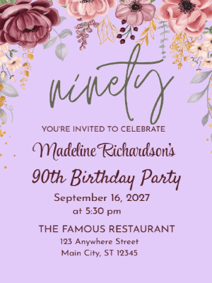 Elegant Modern Purple Floral 90th Birthday Invitation customizable template
