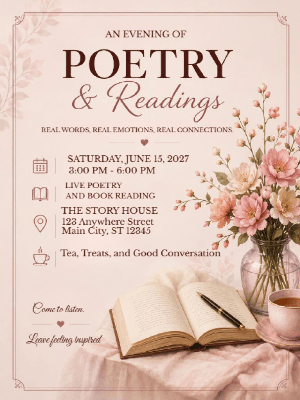 Elegant Book Reading Invitation Pink Book Reading Event