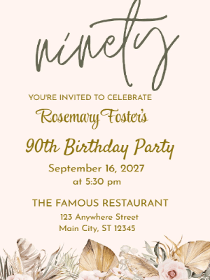 Elegant Boho Gold Floral 90th Birthday Invitation customizable template