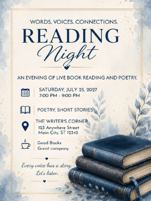 Elegant Book Reading Night Invitation Blue Gold Book Reading Event