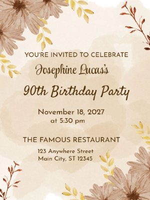 Elegant Brown Floral 90th Birthday Invitation customizable template