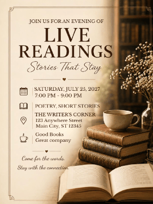 Elegant Book Reading Night Invitation Brown Book Reading Event