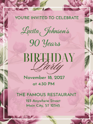 Elegant Purple Floral 90th Birthday Invitation customizable template