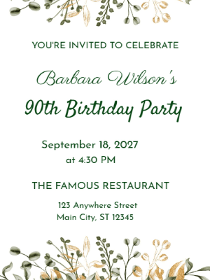 Minimalist Brown White Greenery 90th Birthday Invitation customizable template