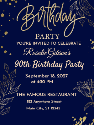 Elegant Modern Blue Gold 90th Birthday Invitation customizable template