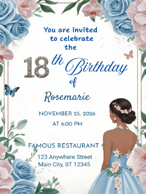 Elegant Blue Floral 18th Birthday Invitation customizable template