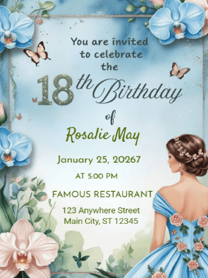 Elegant Blue Floral 18th Birthday Invitation customizable template