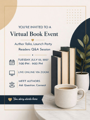 Virtual Book Event Invitation Blue Gold Virtual Book Event