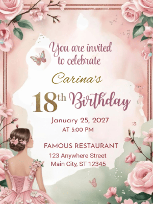 Elegant Princess Pink Floral Butterfly 18th Birthday Invitation customizable template