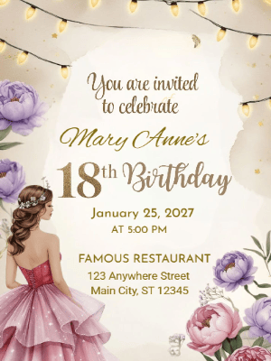 Elegant Princess Purple Pink Floral 18th Birthday Invitation customizable template