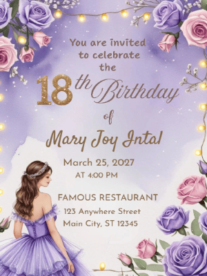 Elegant Princess Lavender Dreams Floral 18th Birthday Invitation customizable template