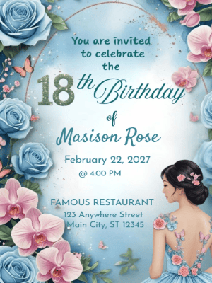 Elegant Princess Blue Floral 18th Birthday Invitation customizable template