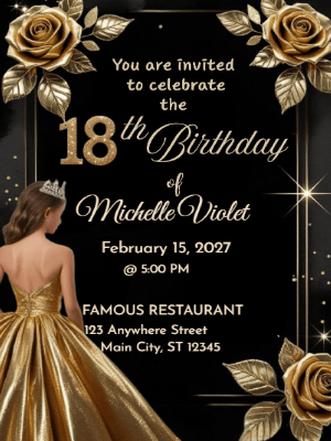 Elegant Luxury Gold Princess Floral 18th Birthday Invitation customizable template