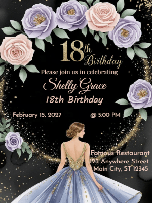 Elegant Lavender Dreams Princess Floral 18th Birthday Invitation customizable template
