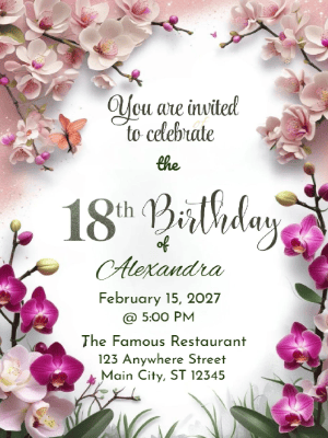 Elegant Pink Floral Butterfly Floral Birthday Invitation customizable template