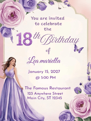 Elegant Dreams Princess Floral Butterfly 18th Birthday Invitation customizable template