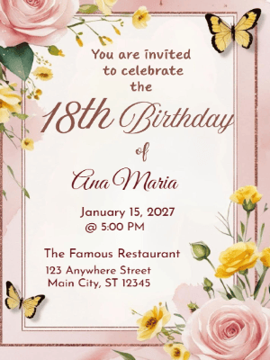 Elegant Pink Yellow Floral Butterfly 18th Birthday Invitation customizable template
