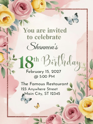Elegant Pink Yellow Floral Butterfly 18th Birthday Invitation customizable template