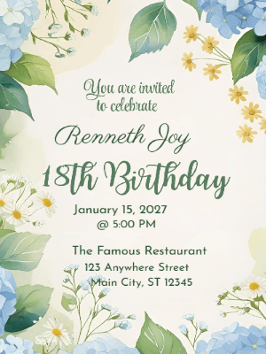 Elegant Blue Greenery Floral Butterfly 18th Birthday Invitation customizable template