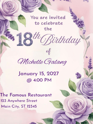 Elegant Lavender Dreams Floral 18th Birthday Invitation customizable template
