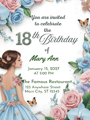 Elegant Princess Blue Floral 18th Birthday Invitation customizable template