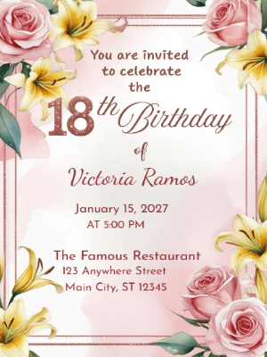 Elegant Pink Floral 18th Birthday Invitation customizable template