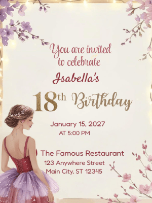 Elegant Pink Princess Purple Floral 18th Birthday Invitation customizable template