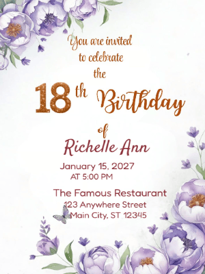 Elegant Lavender Dreams Floral 18th Birthday Invitation customizable template