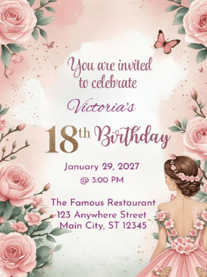 Elegant Princess Pink Floral 18th Birthday Invitation customizable template