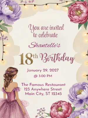 Elegant Princess Purple Floral 18th Birthday Invitation customizable template