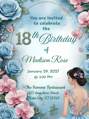 Elegant Modern Blue Floral 18th Birthday Invitation customizable template