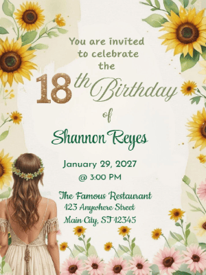Elegant Princess Pink Yellow Floral Sunflower 18th Birthday Invitation customizable template