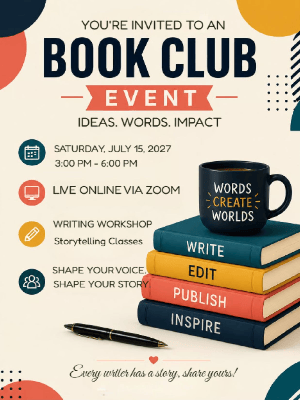 Book Club Writing Workshop Invitation Blue Orange Book Club Party