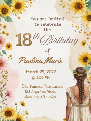 Elegant Princess Pink Yellow Floral Sunflower 18th Birthday Invitation customizable template