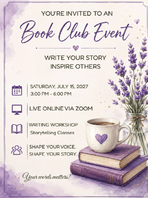 Book Club Writing Workshop Invitation Purple Book Club Party