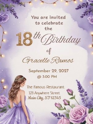 Elegant Princess Lavender Dreams Floral Sunflower 18th Birthday Invitation customizable template