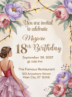 Elegant Princess Pink Purple Floral   Princess 18th Birthday Invitation customizable template
