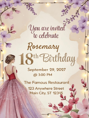 Elegant Princess Pink Purple Floral 18th Birthday Invitation customizable template