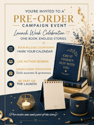 Pre-Order Book Announcement Invitation Blue Gold Pre-Order Book Event