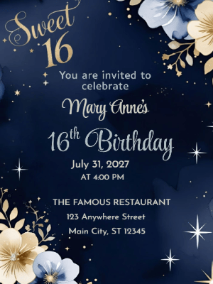 Elegant Modern Celestial Black & Gold Floral Sweet 16 Birthday Invitation customizable template