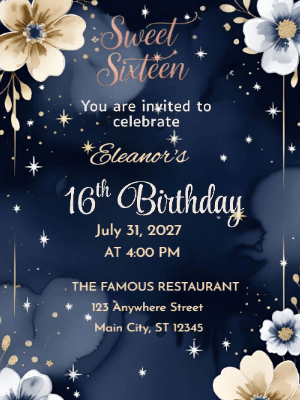 Elegant Modern Celestial Black & Gold Floral Sweet 16 Birthday Invitation customizable template