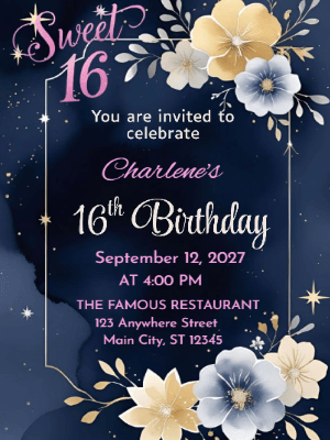 Elegant Modern Celestial Pink & Gold Floral Sweet 16 Birthday Invitation customizable template