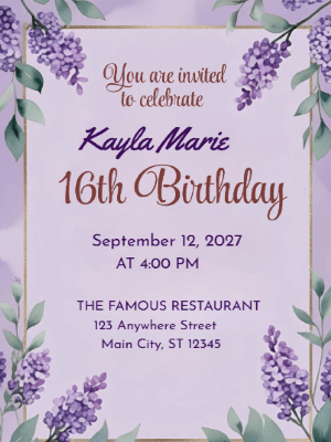 Elegant Modern Purple Floral Sweet 16 Birthday Invitation customizable template